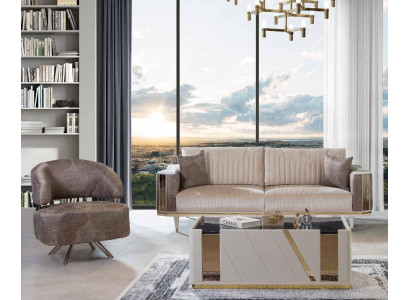 Moderno set da salotto design beige composto da divano a tre posti e poltrona, tavolino.