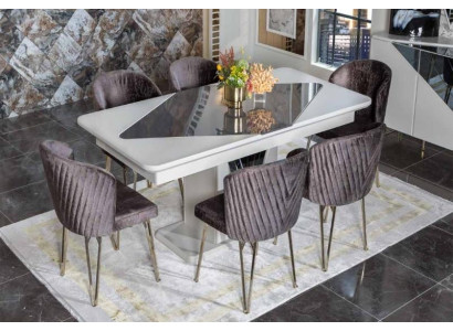 Tavolo da pranzo bianco da designer x6 sedie tessili viola scuro set da pranzo per la sala da pranzo
