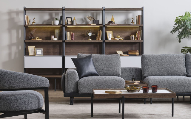 Gruppo salotto grigio di lusso Divano ad angolo a L Tavolino per divano Pouf