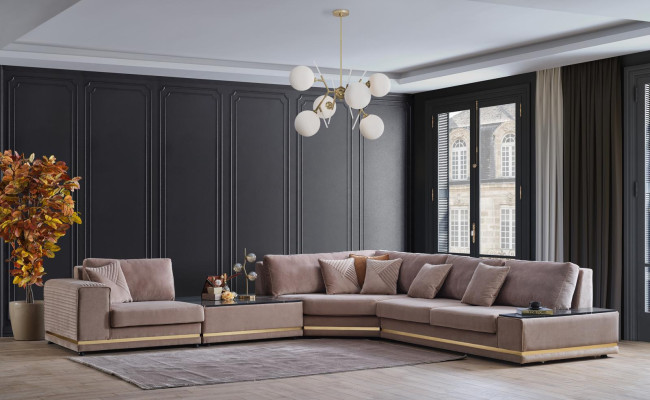 Beige divano a L designer per zona giorno, divano elegante, nuovi divani.