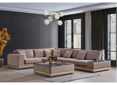 Set soggiorno beige. Elegante divano a L in stile designer con pouf.