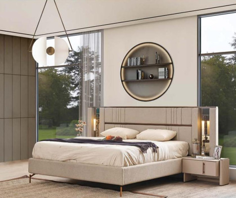 Camera da letto di lusso Letto matrimoniale beige 2 comodini Mobili moderni