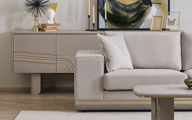 Soggiorno Divano ad angolo beige chiaro a forma di L Divano moderno in tessuto Mobili