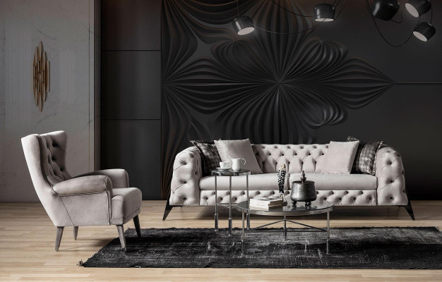 Sofà Chesterfield grigio chiaro per soggiorno con set di 4+3 poltrone di lusso.