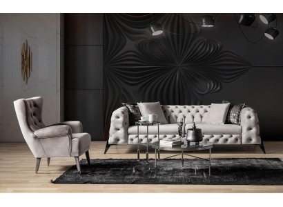 Sofà Chesterfield grigio chiaro per soggiorno con set di 4+3 poltrone di lusso.