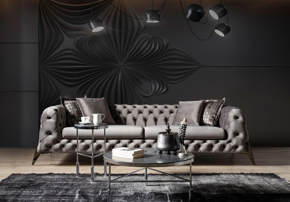 Sofà Chesterfield grigio chiaro per soggiorno con set di 4+3 poltrone di lusso.