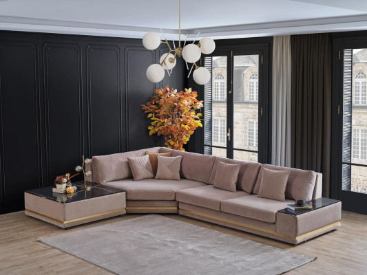 Beige divano ad angolo designer L-forma, imbottito, lussuoso divano salotto.