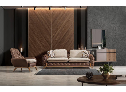 Elegante set da soggiorno in pelle marrone composto da divano a 3 posti e poltrona design, 2 pezzi.