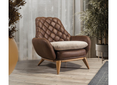Elegante set da soggiorno in pelle marrone composto da divano a 3 posti e poltrona design, 2 pezzi.
