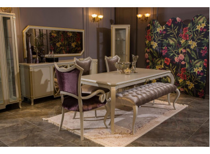 Set sala da pranzo di design 8 pezzi, tavolo da pranzo, sedia, cassettiera, vetrina, sgabello, legno