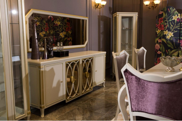 Set sala da pranzo di design 8 pezzi, tavolo da pranzo, sedia, cassettiera, vetrina, sgabello, legno