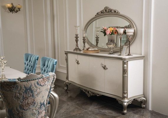 Set da pranzo con vetrina, tavolo, 6 sedie, cassettiera, specchio, stile Art Déco, 10 pezzi