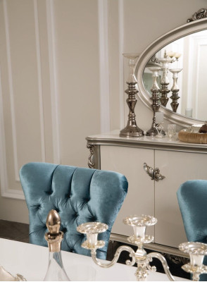 Set da pranzo con vetrina, tavolo, 6 sedie, cassettiera, specchio, stile Art Déco, 10 pezzi