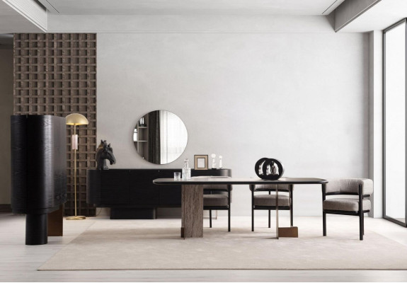 Set da pranzo di design con tavolo da pranzo, 6 sedie, credenza, specchio - 9 pezzi