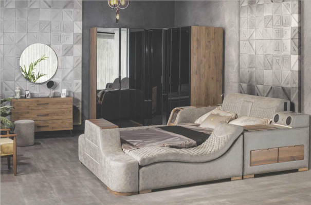 Letto multifunzione con scaffale, armadio, stazione di ricarica USB, TV a scomparsa 180x200.