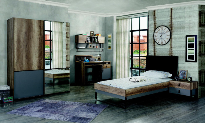 Camera da letto per ragazzi con design, letto, comodino, scrivania 3 pezzi.