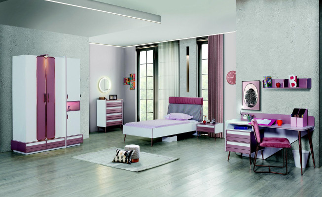 Camera per bambini Letto Armadio Comò Specchio Mensola da parete 7 pezzi