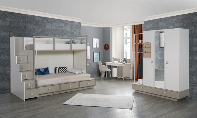 Camera da letto per bambini Set in legno Mobili Letto a castello Letto a soppalco Tavolo 3 pezzi