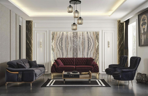 Design Chesterfield salotto 3 posti in tessuto nero imbottito