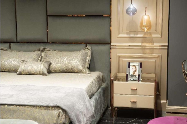 Mobili da camera da letto completi Letto matrimoniale Beige Moderno Set 5 pezzi Legno