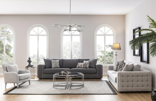 Sofà di lusso per il soggiorno a due posti grigio Chesterfield nuovi.