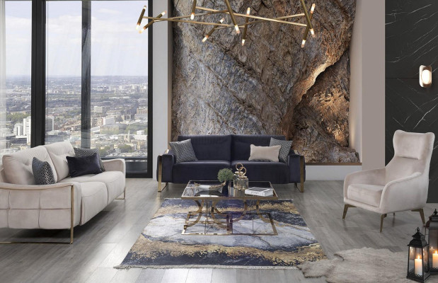 Divano classico a 3 posti design soggiorno imbottitura in legno imbottitura moderna lusso blu.