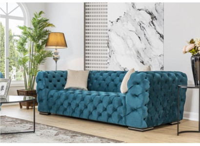 Divano Chesterfield 4 posti Design Soggiorno Imbottito Legno Imbottito Lusso Blu