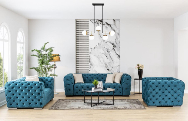 Divano Chesterfield 4 posti Design Soggiorno Imbottito Legno Imbottito Lusso Blu