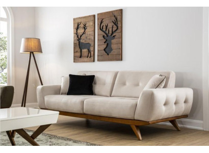 Divano classico 2 posti design per soggiorno in legno imbottito in pelle beige di lusso moderno.