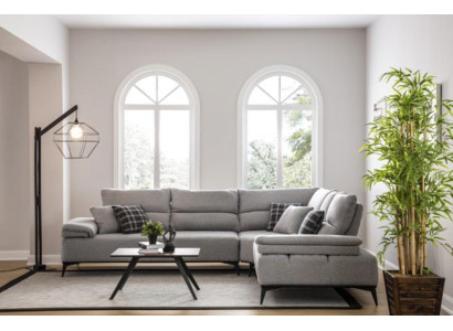 Divano ad angolo a forma di L, design del divano, imbottito in tessuto nuovo, grigio, set per angolo.