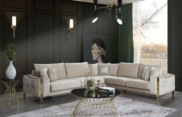 Divano ad angolo a L Design divano Cuscini Tessuto Beige