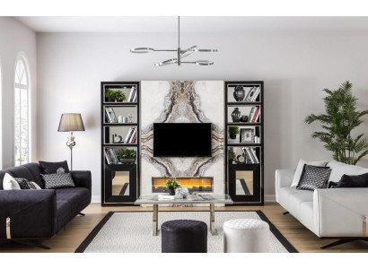 Soggiorno di lusso con parete attrezzata, mobile tv, pareti in marmo nero 270 cm.
