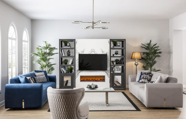 Divano di lusso a 4 posti design moderno blu in pelle per il soggiorno.