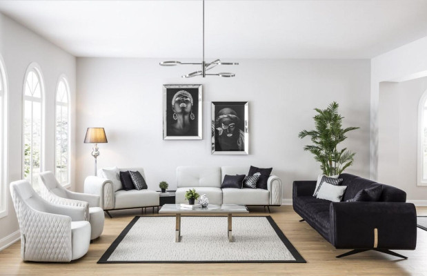 Divano di lusso a 4 posti in pelle per il soggiorno. Design moderno di divani imbottiti.