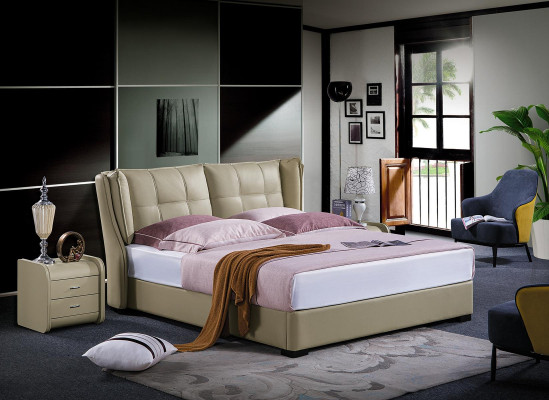 Camera da letto classica Letto Beige Tessuto Letti in pelle Imbottiti Matrimoniale 180x200cm.