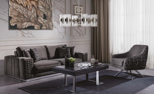 Divano nero imbottito in stile classico 3+1 posti, set di divani barocchi.