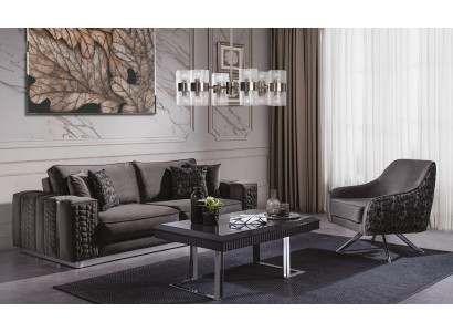 Divano nero imbottito in stile classico 3+1 posti, set di divani barocchi.