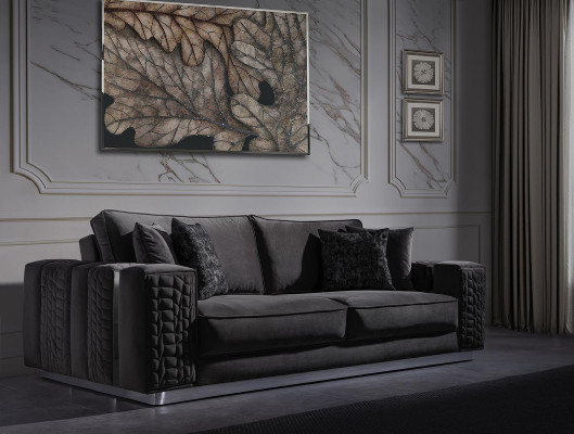 Divano nero imbottito in stile classico 3+1 posti, set di divani barocchi.