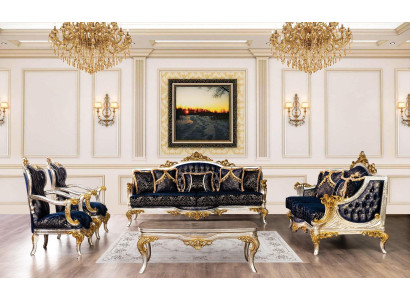 Sedia di lusso, poltrona classica, poltrona trono, barocco velluto blu oro.