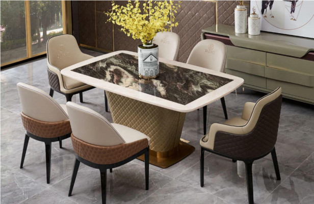 Tavolo da pranzo Set da pranzo Tavolo Sedie Set 7 pezzi Pelle Acciaio inossidabile Sedie con schienale