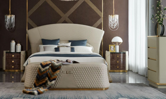 Camera da letto Letto Pouf 2x Comodino Set completo Mobili in pelle