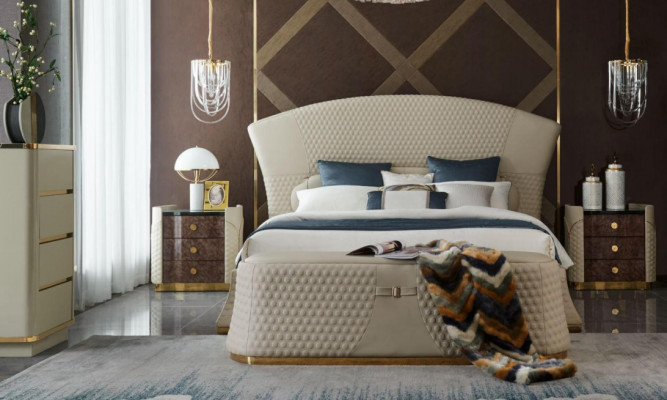 Camera da letto Letto Pouf 2x Comodino Set completo Mobili in pelle
