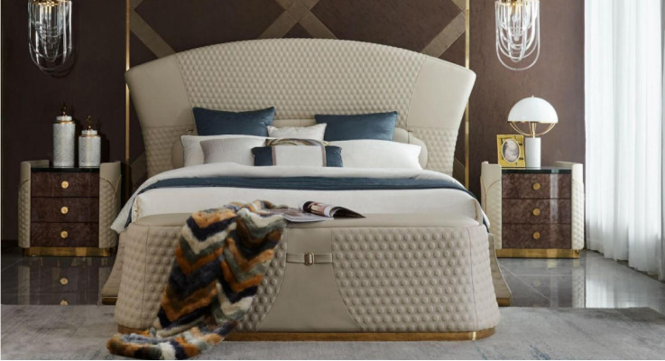 Camera da letto Letto Pouf 2x Comodino Set completo Mobili in pelle