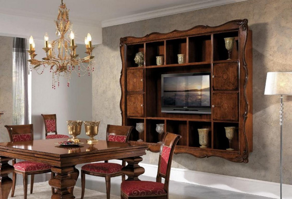 Set per sala da pranzo in legno con mobile, 4 sedie e tavolo completo di 7 pezzi.