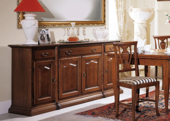 Design sala da pranzo Set di arredi 6 pezzi in legno Mobili 4 sedie Tavolo Vetrina Gruppo Nuovo