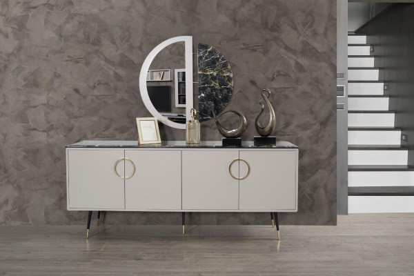 Set completo da pranzo 7 pezzi. Set moderno per sala da pranzo con tavolo, credenza, 4 sedie.