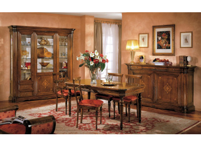 Design set da pranzo 7 pezzi in legno con mobile, 4 sedie, tavolo e vetrina nuovo