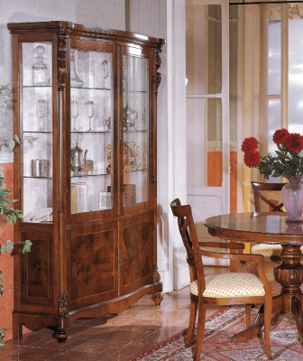 Set da pranzo di lusso in legno con 6 pezzi, composto da credenza, 3 sedie, tavolo e vetrina nuovo.
