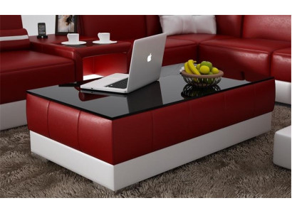 Tavolino design in pelle per salotto con piano in vetro da caffè decorativo.