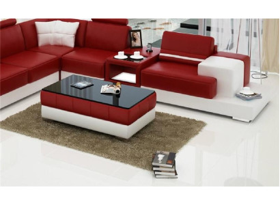 Tavolino design in pelle per salotto con piano in vetro da caffè decorativo.